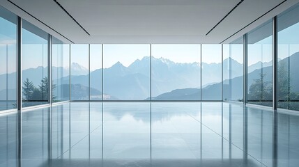 Empty modern office with seamless glass windows revealing towering mountains in the distance, polished flooring enhancing the spacious design 