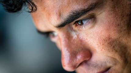 Fototapeta premium Man in deep thought, looking down with focus. Introspection and quiet determination in a moment of reflection.