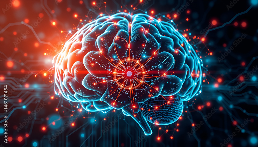 Poster illuminated brain with glowing neural network and energy burst