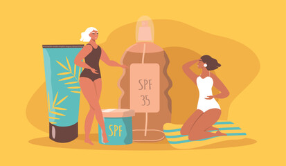 vector hand drawn illustration - tanning and sun protection products and tanned girs