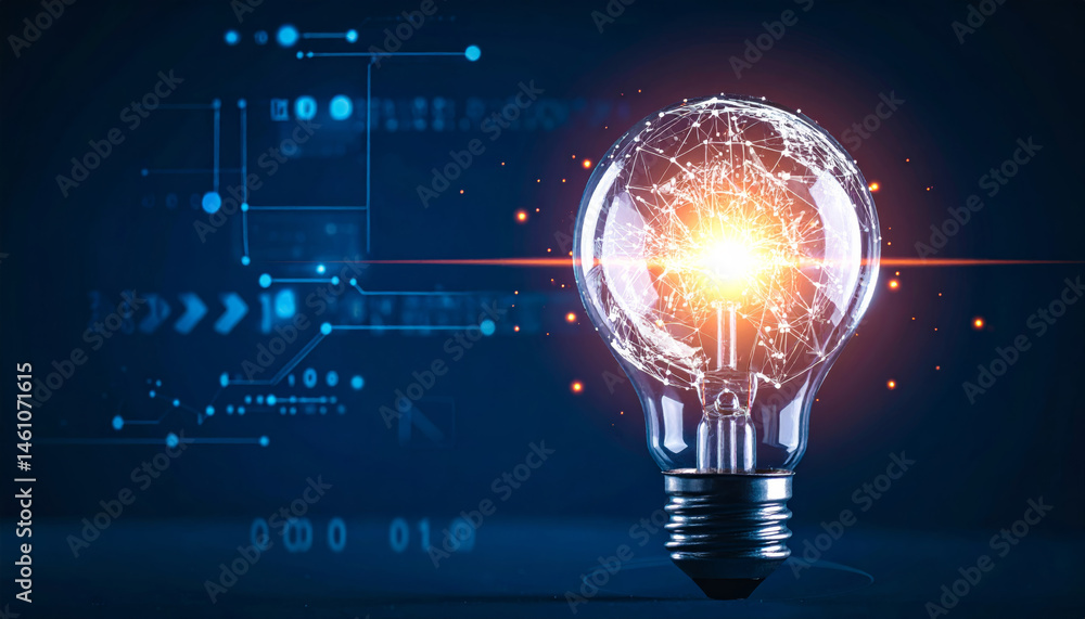 Poster light bulb with complex digital network inside illuminates against dark technological background, sy