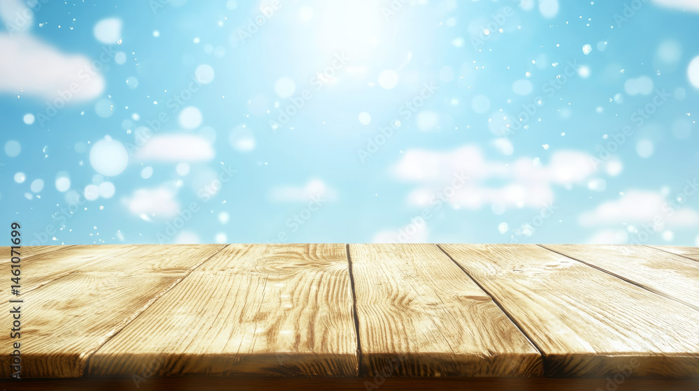 Wall mural wooden table top is set against bright blue sky filled with soft clouds and sparkling light, creatin