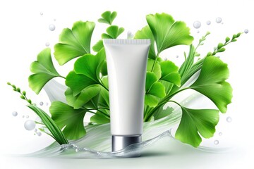 Ginkgo Biloba Skincare: Realistic 3D Cosmetic Cream Tube Mockup with Green Leaves & Water Splashes