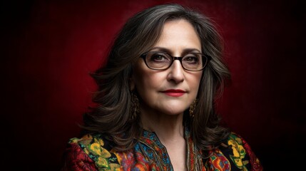 Fototapeta premium Confident woman with glasses and colorful attire against a dark background