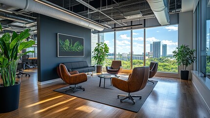 Modern office with polished floors, ergonomic chairs, a dark accent wall perfect for branding, and expansive windows showcasing a panoramic cityscape 