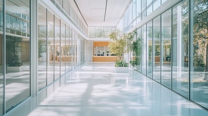 Open-plan office interior with sleek glass walls, a bright white floor enhancing the light-filled space, and an outdoor patio view 