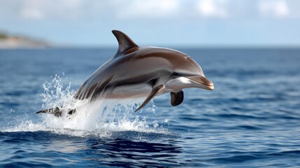 Fototapeta premium Dolphin is leaping out of the water. Concept of freedom and joy as the dolphin soars through the air