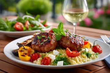Grilled lamb patties served on couscous with grilled vegetables and white wine
