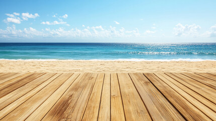 Fototapeta premium serene wooden floor on sandy beach, perfect for product display, offers stunning view of calm ocean and bright blue sky, evoking sense of relaxation and tranquility
