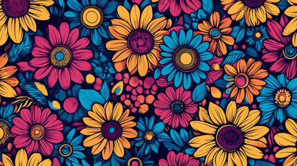 Bright and colorful floral pattern featuring cheerful sunflowers, vibrant blue flowers, and lush green leaves, creating lively and joyful atmosphere. Perfect for various design projects