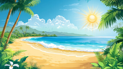 summer scene featuring beautiful beach, bright sun, and lush palm trees creates perfect tropical paradise. serene waves and clear sky evoke sense of relaxation and joy