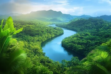 Naklejka premium Lush, green jungle with a winding river and distant mountains under bright sky. Use as background, article, or advertisement about travel and nature.