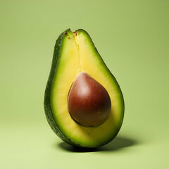 sliced avocado fruit, showing creamy green flesh and brown seed, healthy organic tropical food, closeup, high-resolution image for culinary and nutrition themes