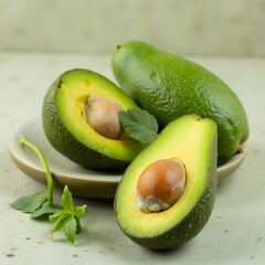 sliced avocado fruit, showing creamy green flesh and brown seed, healthy organic tropical food, closeup, high-resolution image for culinary and nutrition themes