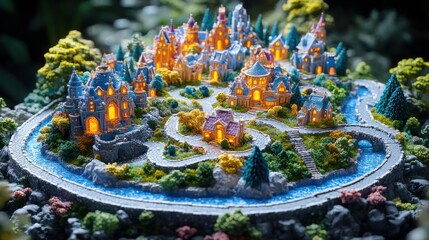 Enchanted miniature village with glowing windows nestled amidst lush greenery