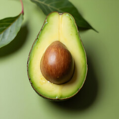sliced avocado fruit, showing creamy green flesh and brown seed, healthy organic tropical food, closeup, high-resolution image for culinary and nutrition themes