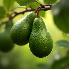 avocado fruits hanging on a tree branch with speckled textured skin, butter fruit, natural imperfections, realistic organic detail, tropical farm scene, fresh healthy produce