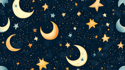 Naklejka premium Whimsical seamless pattern featuring stars and moons in various colors against dark background, creating dreamy and enchanting atmosphere. Perfect for children decor or fabric design
