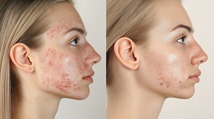 Obraz premium Before/after Woman's face showing acne treatment progress, clearer skin afterwards