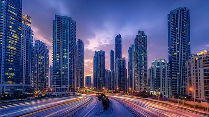 Fototapeta premium Towering skyscrapers dominate the view as twilight settles, their illuminated surfaces reflecting the last light of day, creating a captivating urban panorama 