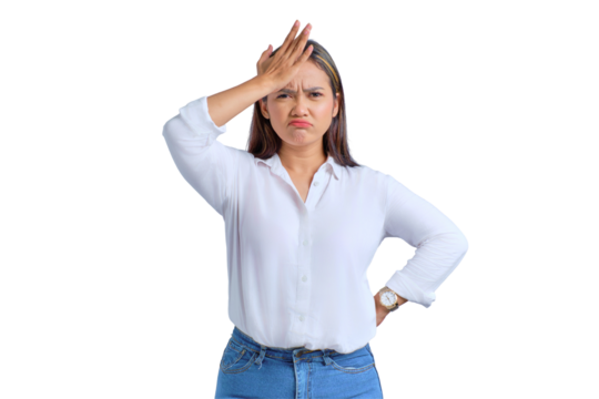 Upset young Asian woman slapping forehead and remember something isolated on transparent background