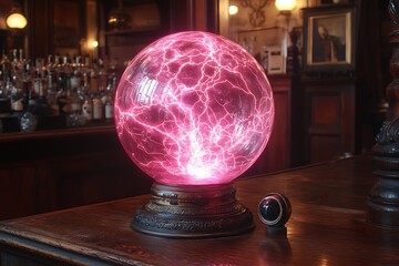 Glowing plasma crystal ball displays vibrant energy inside a mysterious setting on a bar