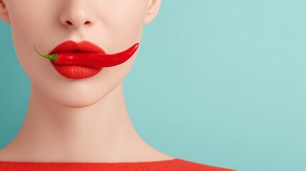 Woman with red lips is holding a chili pepper in her mouth. Concept of boldness and confidence, as the woman is not afraid to show off her red lips and her willingness to try new things