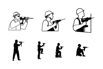 man with a drill vector, labor worker male in different pose, vector silhouette.