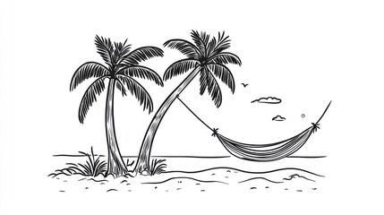 Hand-drawn beach scene with hammock, palm trees, and sky. Possible use Stock illustration