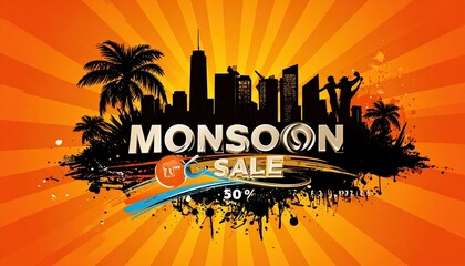 Monsoon Sale Graphic Design Featuring City Skyline Palm Trees and Dancing Silhouettes Against a Vibrant Orange Sunburst Background