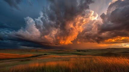 Obraz premium Storm clouds loom over prairie as golden light pierces through, nature's dramatic contrast unfolds