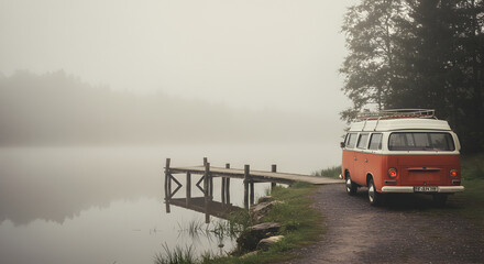 Vintage Camper Van By Misty Lake Pier For Adventure And Road Trip