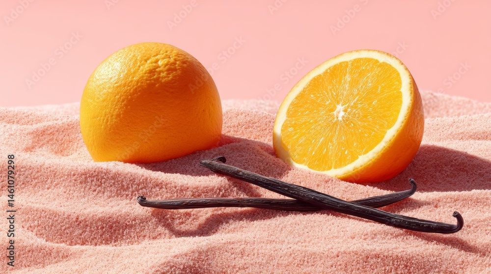 Poster two oranges and a vat of vanilla extract on a pink background. the oranges are cut in half and the v