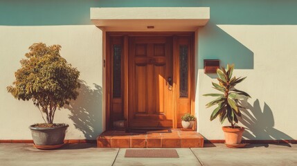 Obraz premium Elegant modern house entrance with potted plants, showcasing minimalist design and natural harmony.