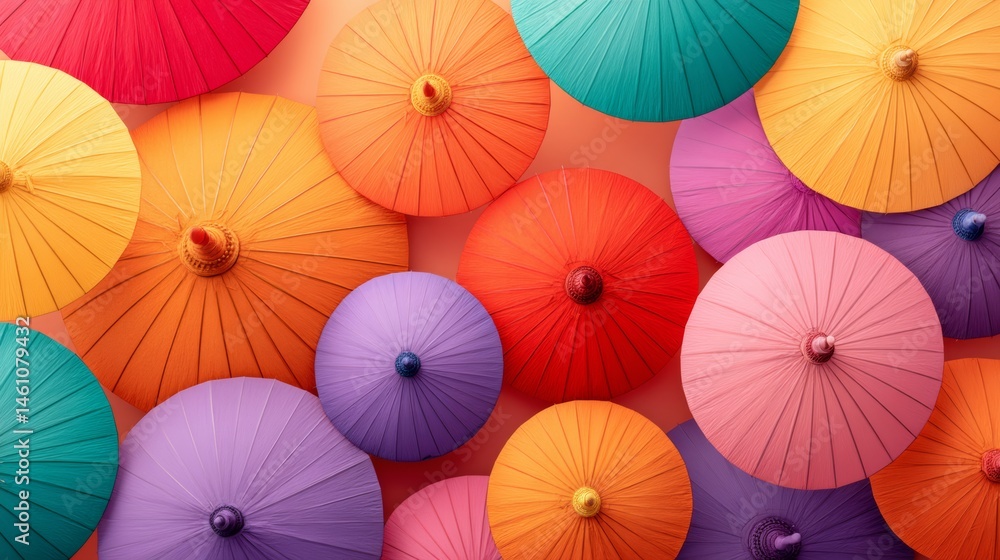 Poster colorful array of umbrellas with a variety of colors and sizes. the umbrellas are arranged in a way 