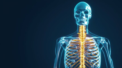 Detailed anatomy of human skeleton with luminous features against dark background