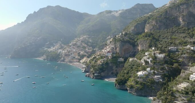Panoramic aerial view of the Amalfi Coast, in the province of Salerno, Campania, Italy. In the center of the panorama there is the town of Positano, one of the most touristic and beutiful destinations