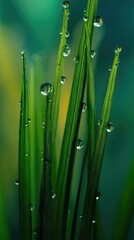 Dewy grass blades with water droplets, a fresh morning's delicate beauty