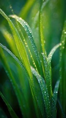 Fototapeta premium Dewy grass blades with water droplets, a fresh morning's delicate beauty