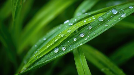Dewy grass blades with water droplets, a fresh morning's delicate beauty