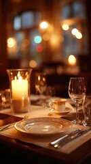 Romantic dinner table with candlelight and fine china, evoking timeless love and elegance