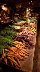 Fototapeta premium Rustic wooden surface brimming with fresh seasonal produce, celebrating the raw beauty of nature's bounty