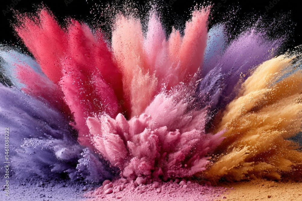 Poster vibrant explosion of colored powders creating an artistic effect.