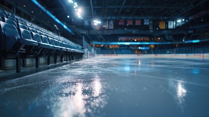 Empty hockey arena with gleaming ice, quiet stands. A moment of calm before the storm.