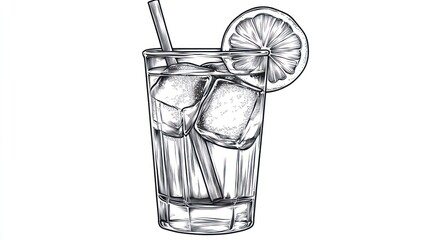 Hand-drawn illustration of a cocktail glass with ice and lemon. Possible use in a recipe book or drink menu
