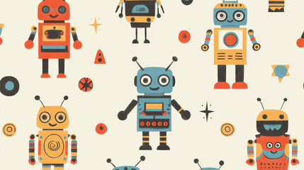 Colorful robots in playful seamless pattern create fun and whimsical atmosphere, perfect for children decor or playful designs
