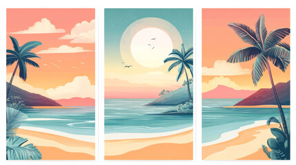 Obraz premium serene tropical landscape featuring palm trees, tranquil beach, and vibrant sunset sky. artwork captures essence of summer relaxation and natural beauty, evoking feelings of peace and joy
