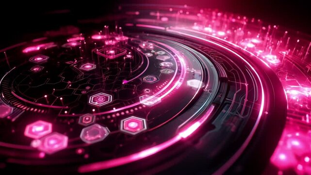 Curved pink digital interface with glowing hex shapes and circuit lines in tech background
