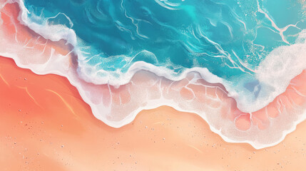 Obraz premium serene top view illustration of sandy beach with gentle waves lapping at shore, evoking sense of calm and relaxation. vibrant colors of water and sand create picturesque summer scene