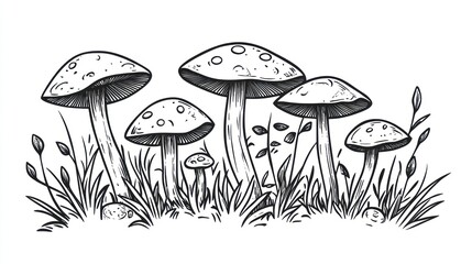 Hand-drawn mushrooms in grass. Botanical illustration.  Possible use Educational materials, nature themed posters, backgrounds